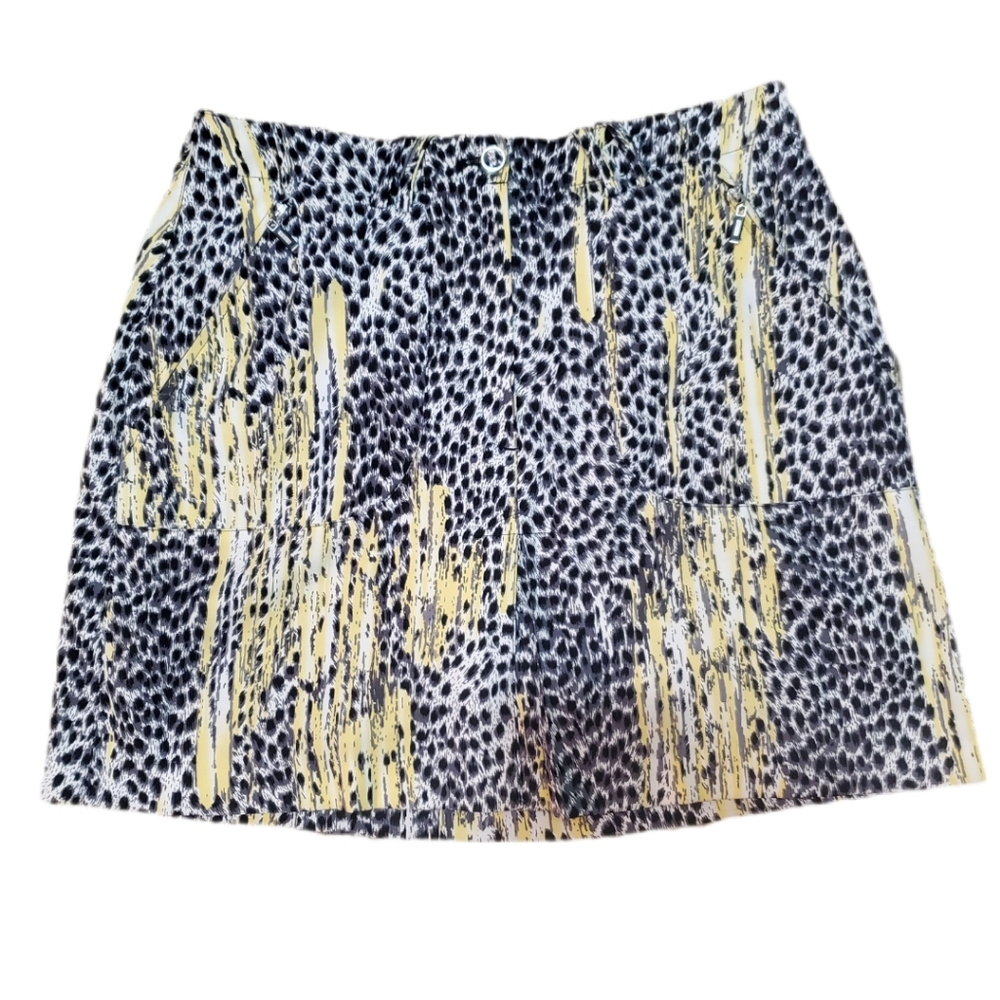 DKNY black yellow animal print athleisure tennis golf skort mini skirt 10